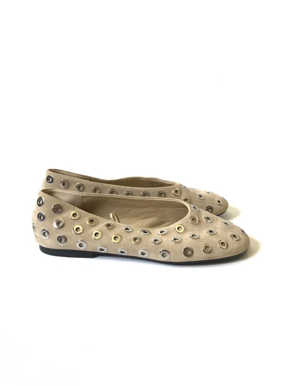 Massimo Dutti Ballet Flats Loafers Womens 38 8 Tan Beige Silver Eyelets Suede
